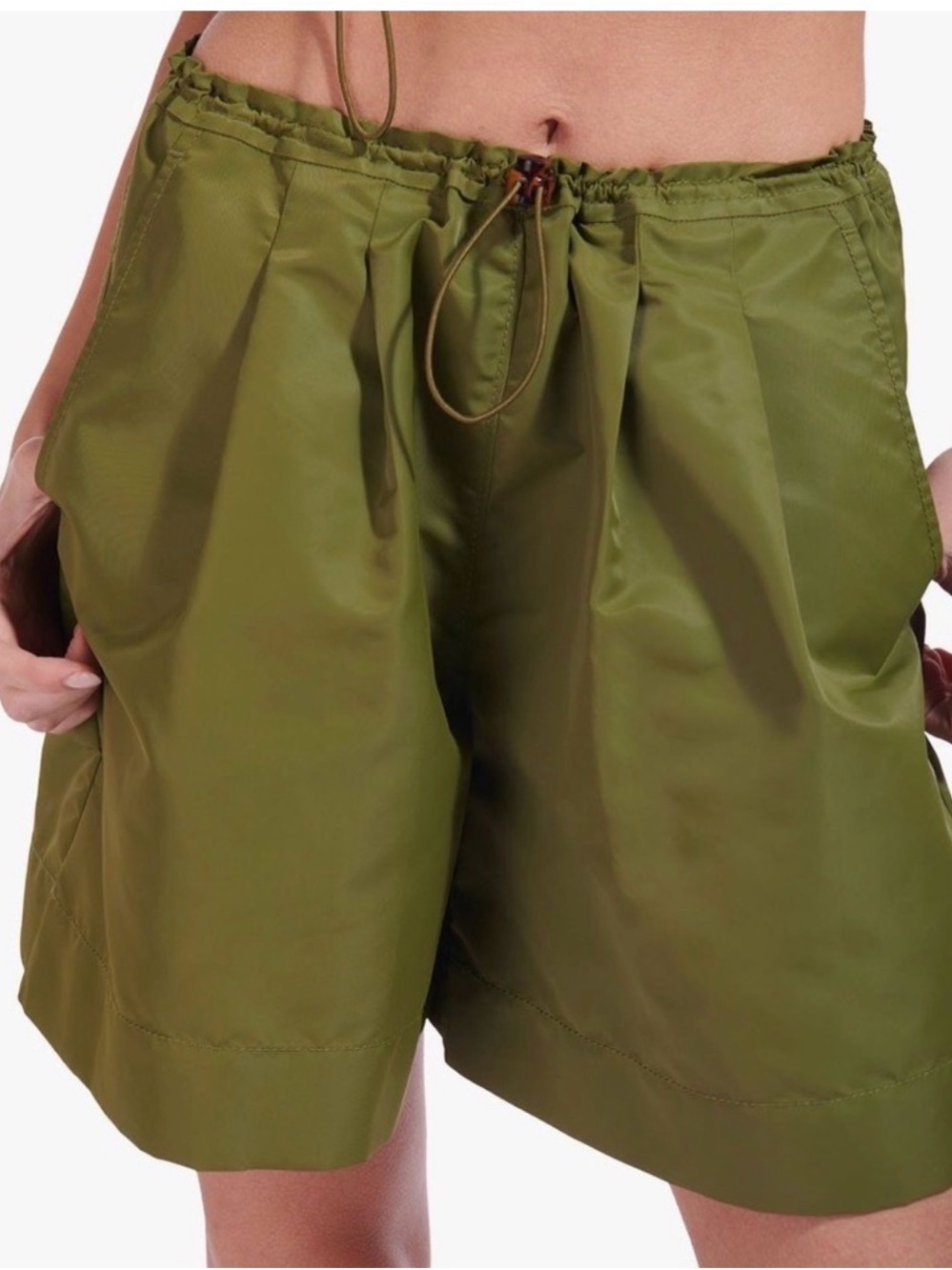 STAUD Coconut Leaf Green High-Rise Pleated Shorts with Toggle Drawstring XS
